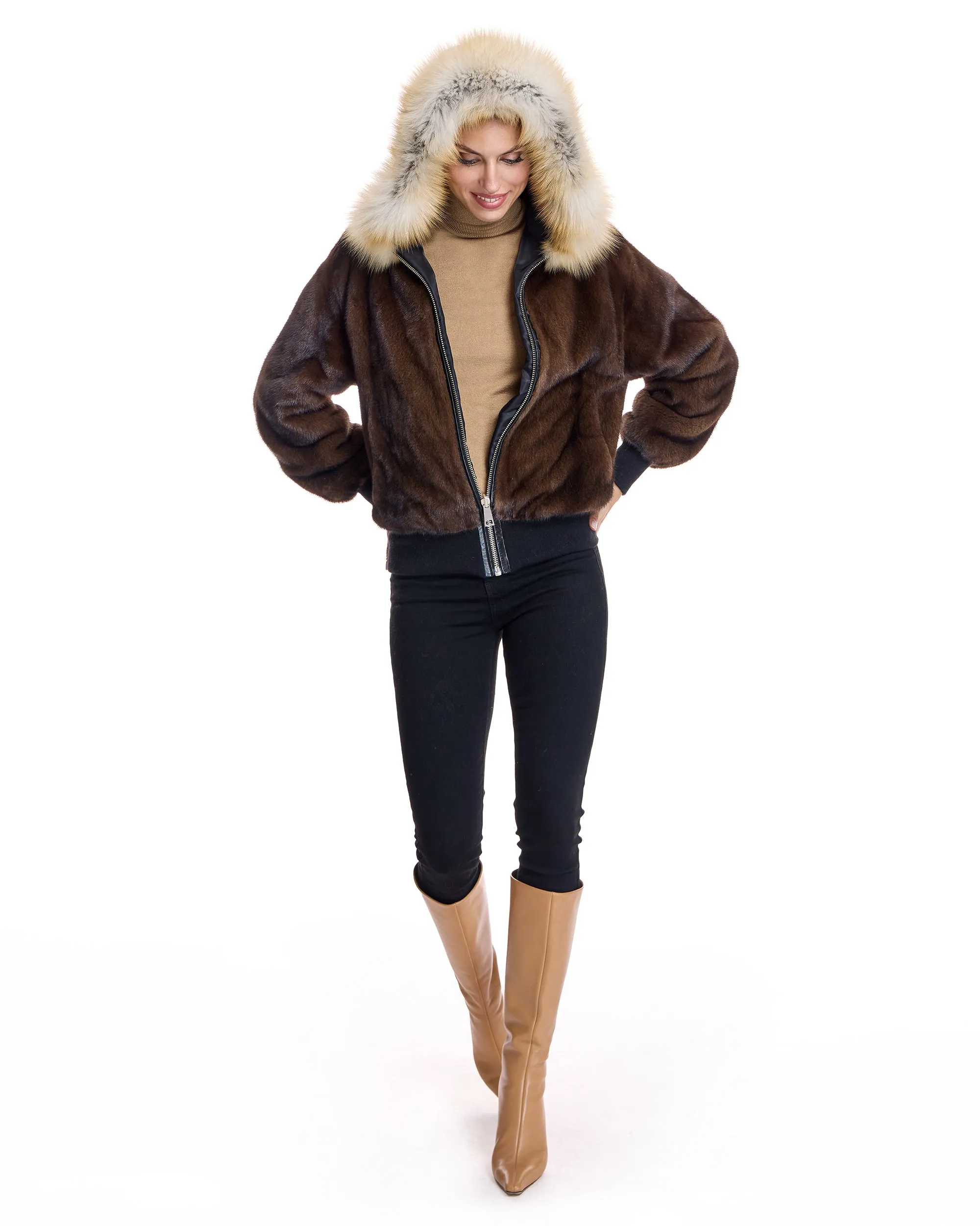 Reversible Mink Jacket with Fox Trimmed Hood