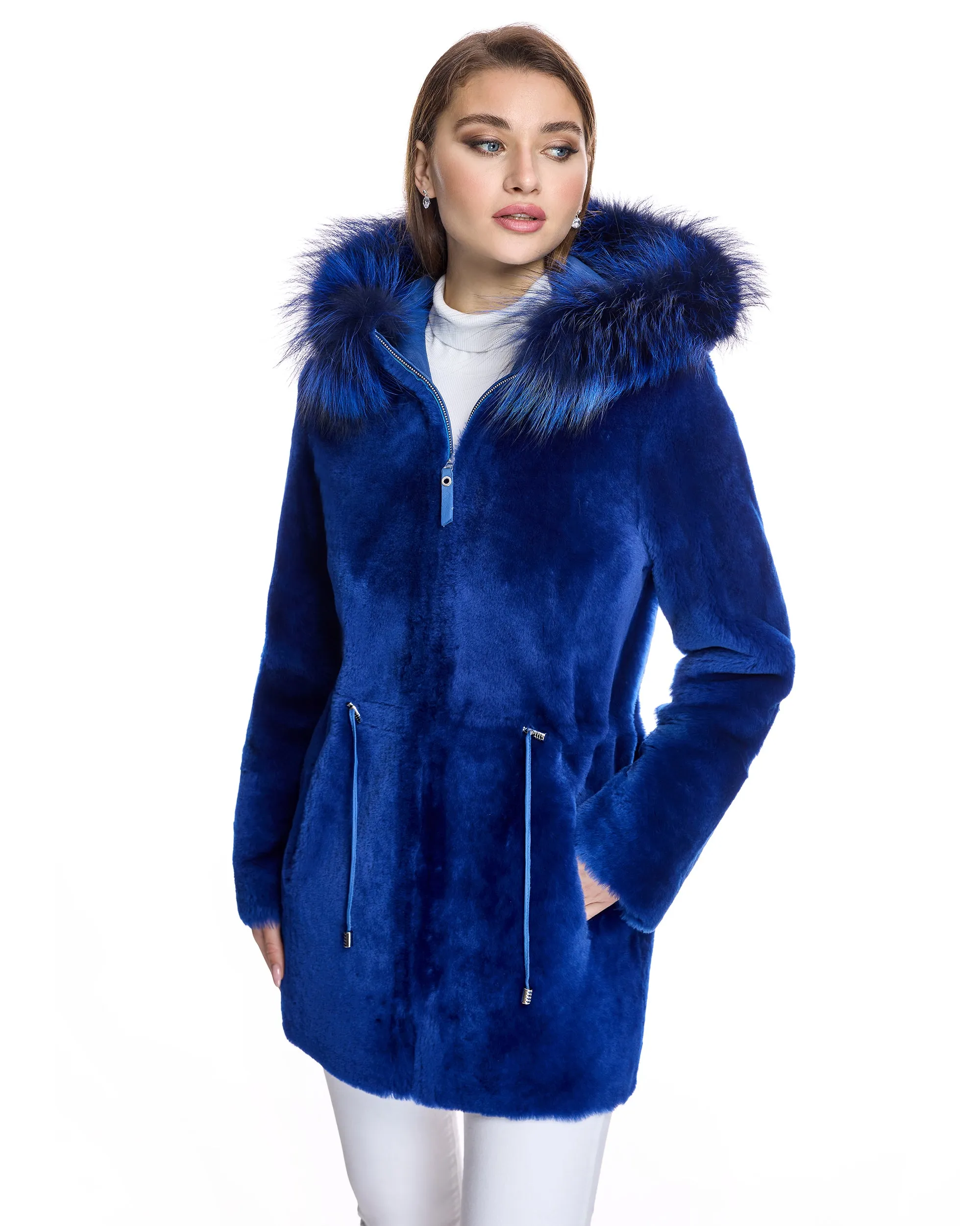 Reversible Shearling Lamb Jacket with Fox Trimmed Hood