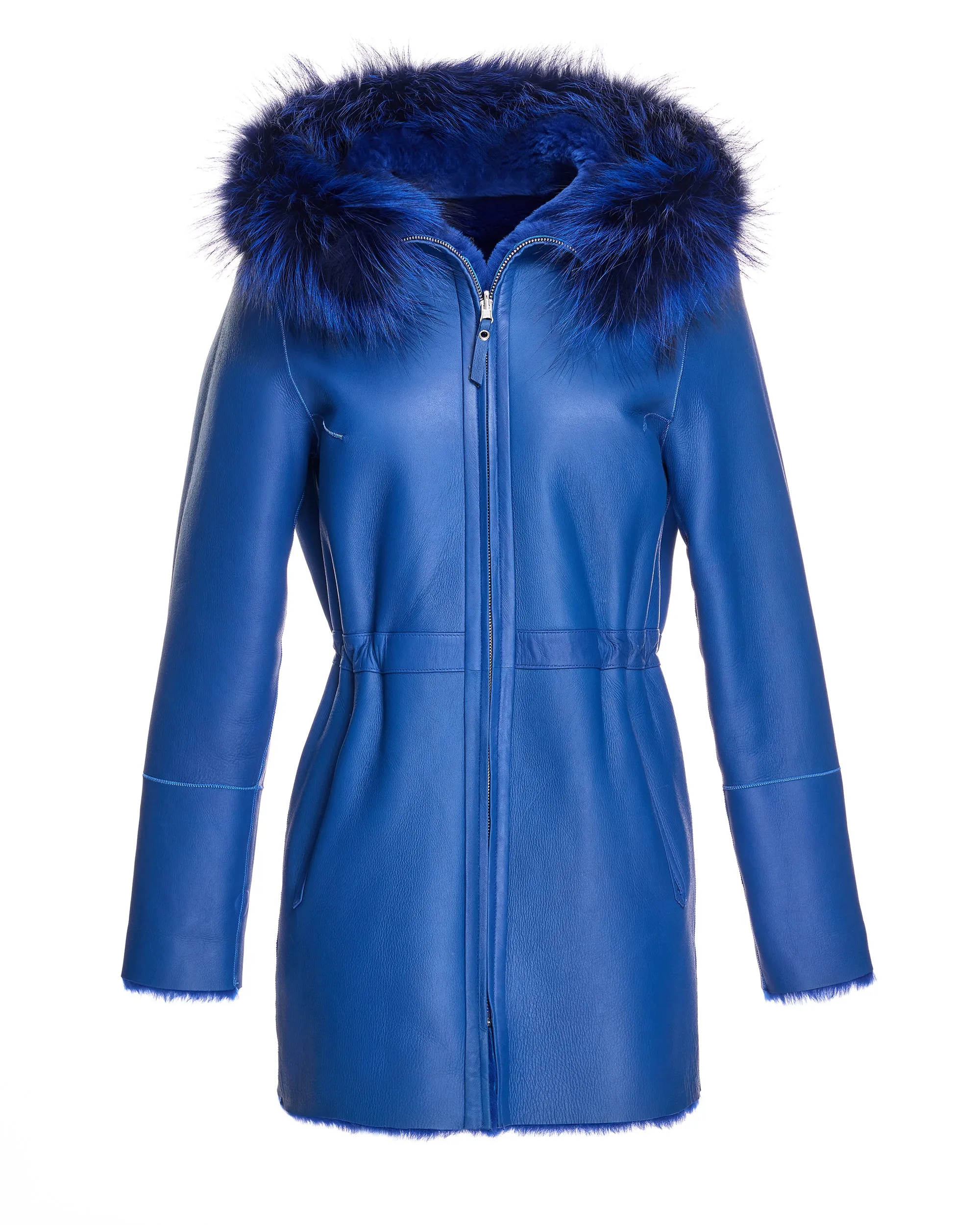 Reversible Shearling Lamb Jacket with Fox Trimmed Hood