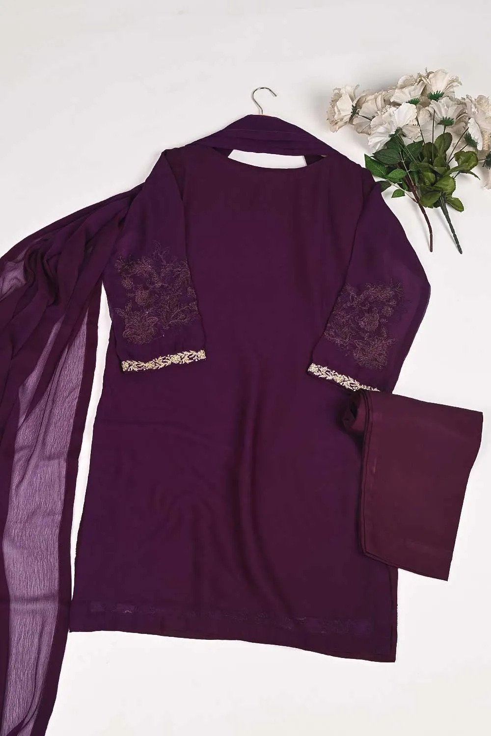 RTW-163-Purple - 3Pc Stitched Chiffon Embroidered Dress