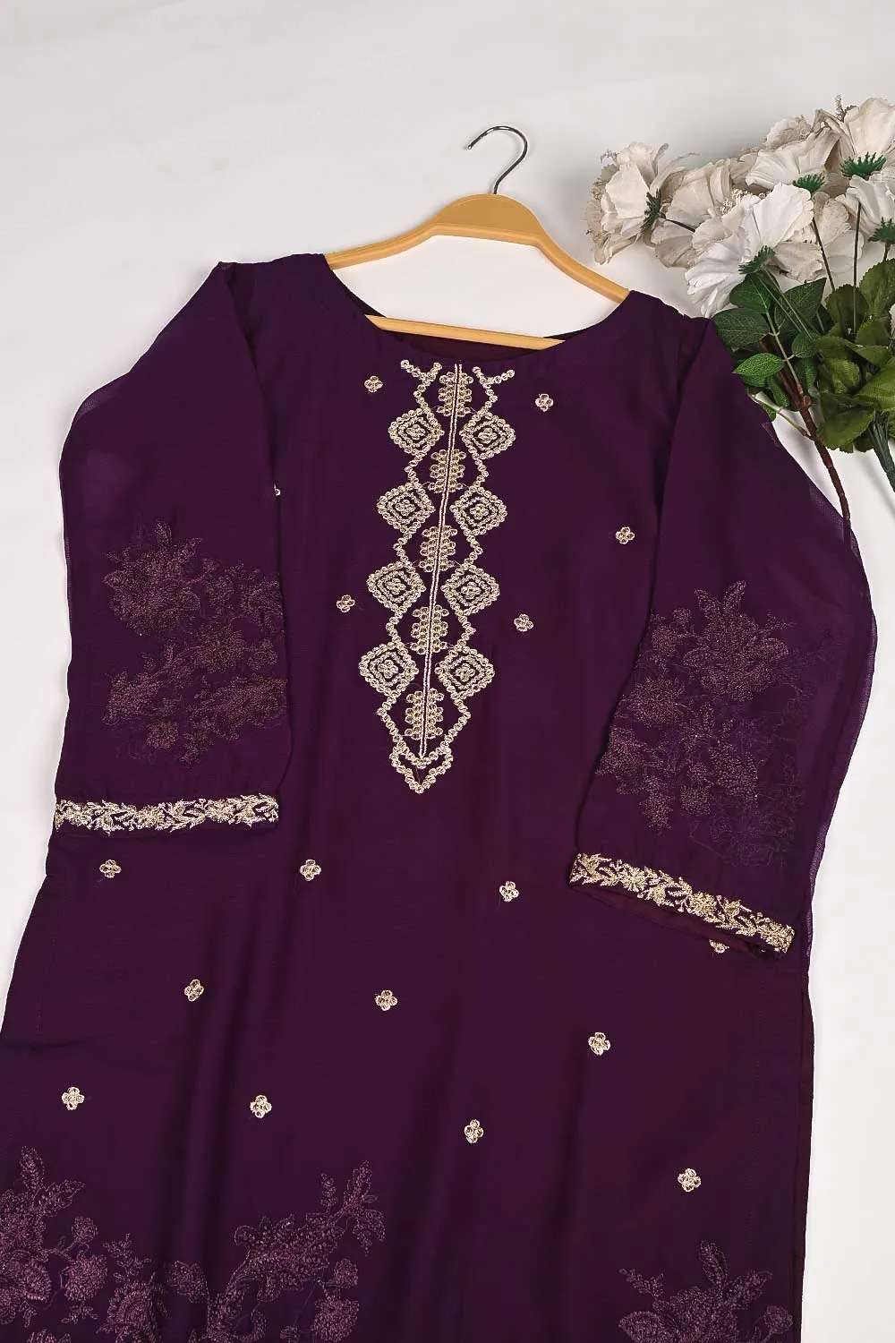 RTW-163-Purple - 3Pc Stitched Chiffon Embroidered Dress