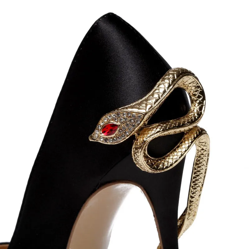 Satin Gold mental snake heel dress shoe unique genuine leather pointed toe high heeled pumps