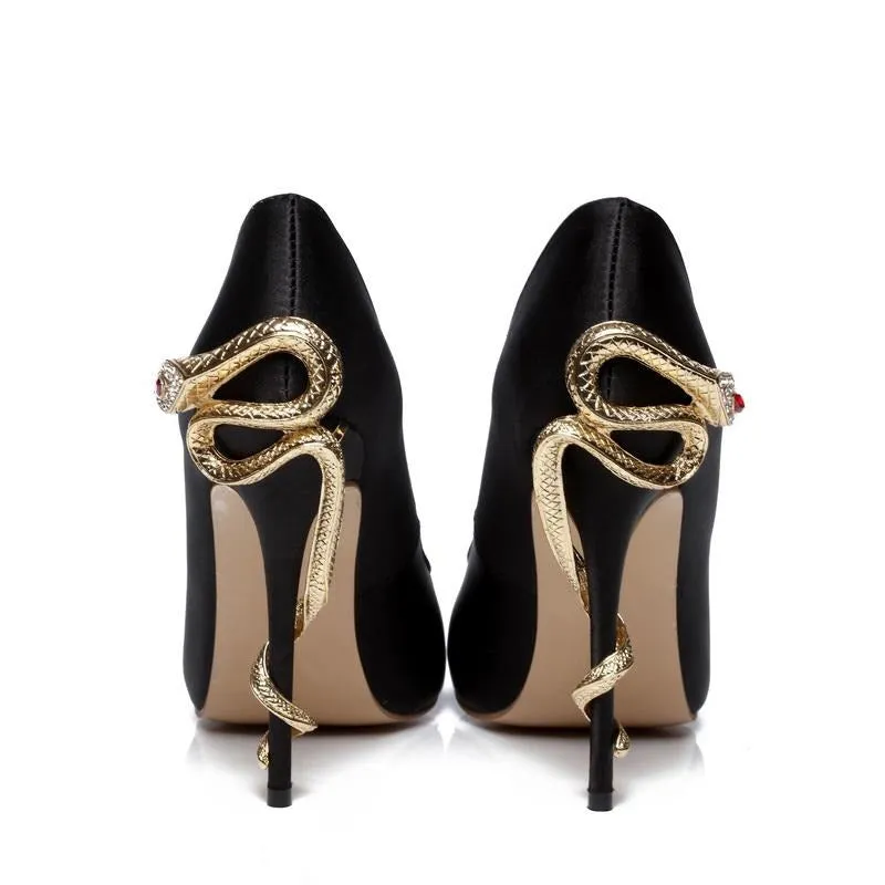 Satin Gold mental snake heel dress shoe unique genuine leather pointed toe high heeled pumps