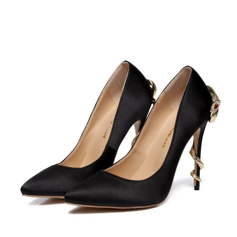 Satin Gold mental snake heel dress shoe unique genuine leather pointed toe high heeled pumps