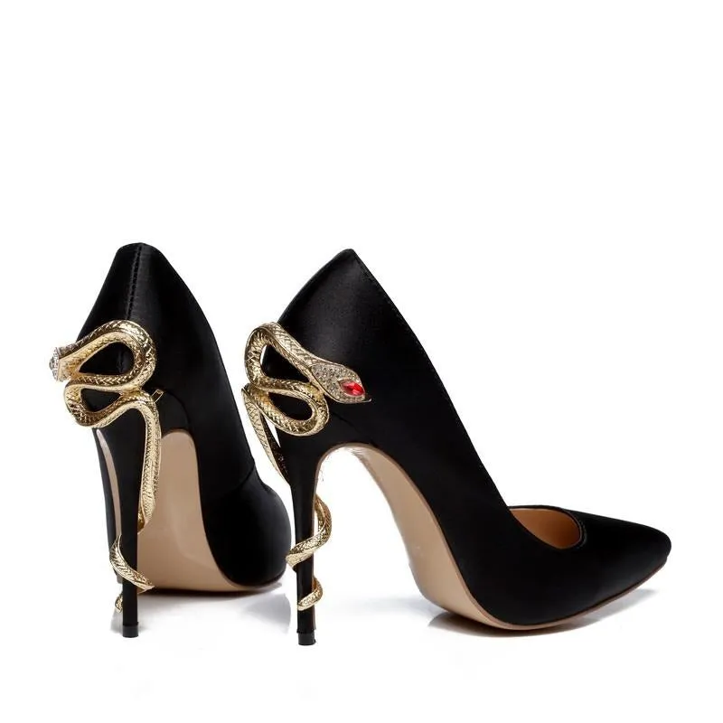 Satin Gold mental snake heel dress shoe unique genuine leather pointed toe high heeled pumps