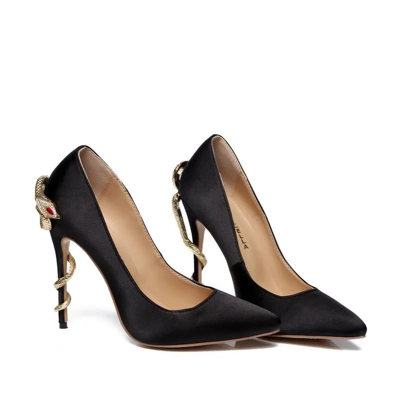Satin Gold mental snake heel dress shoe unique genuine leather pointed toe high heeled pumps