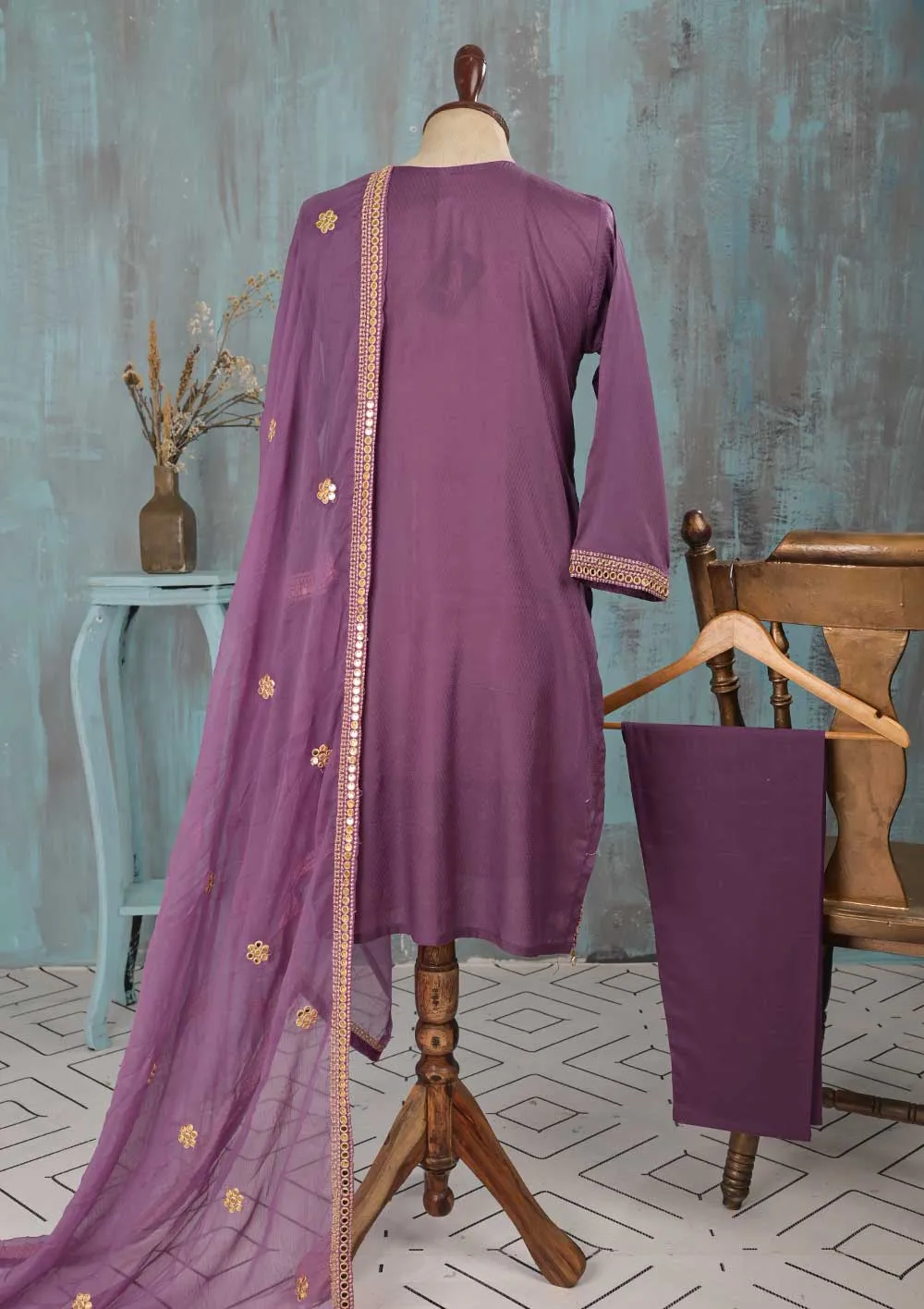 SEC-2A-Magenta - 3Pc Stitched Cotton Embroidered Dress