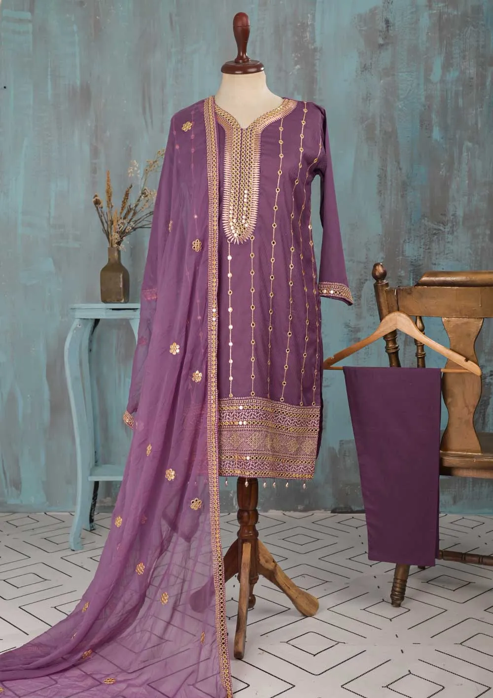 SEC-2A-Magenta - 3Pc Stitched Cotton Embroidered Dress