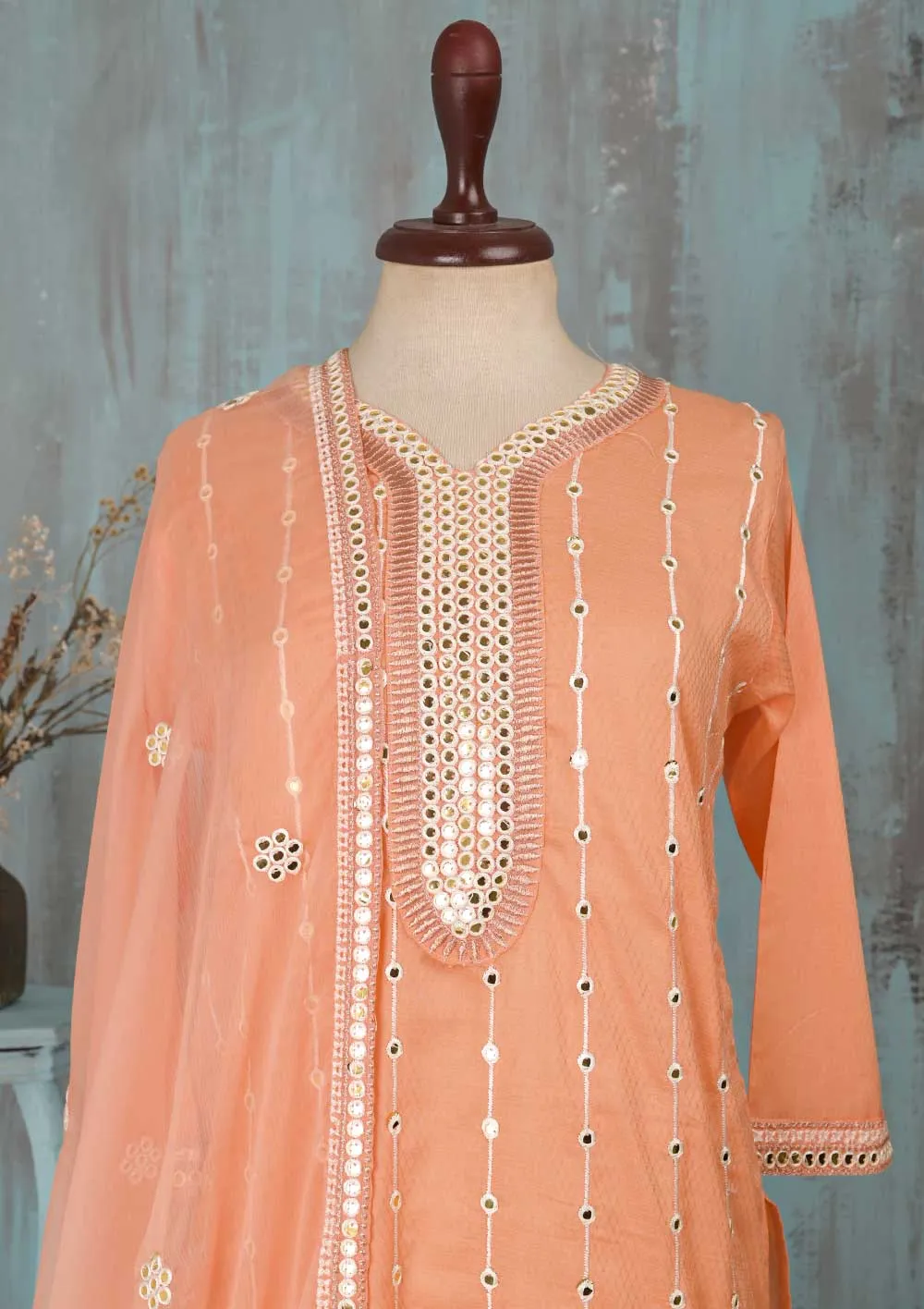 SEC-2F-Peach - 3Pc Stitched Cotton Embroidered Dress