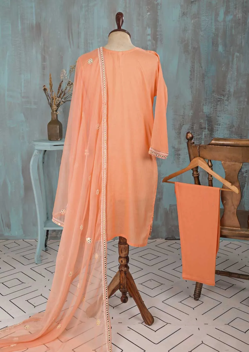 SEC-2F-Peach - 3Pc Stitched Cotton Embroidered Dress