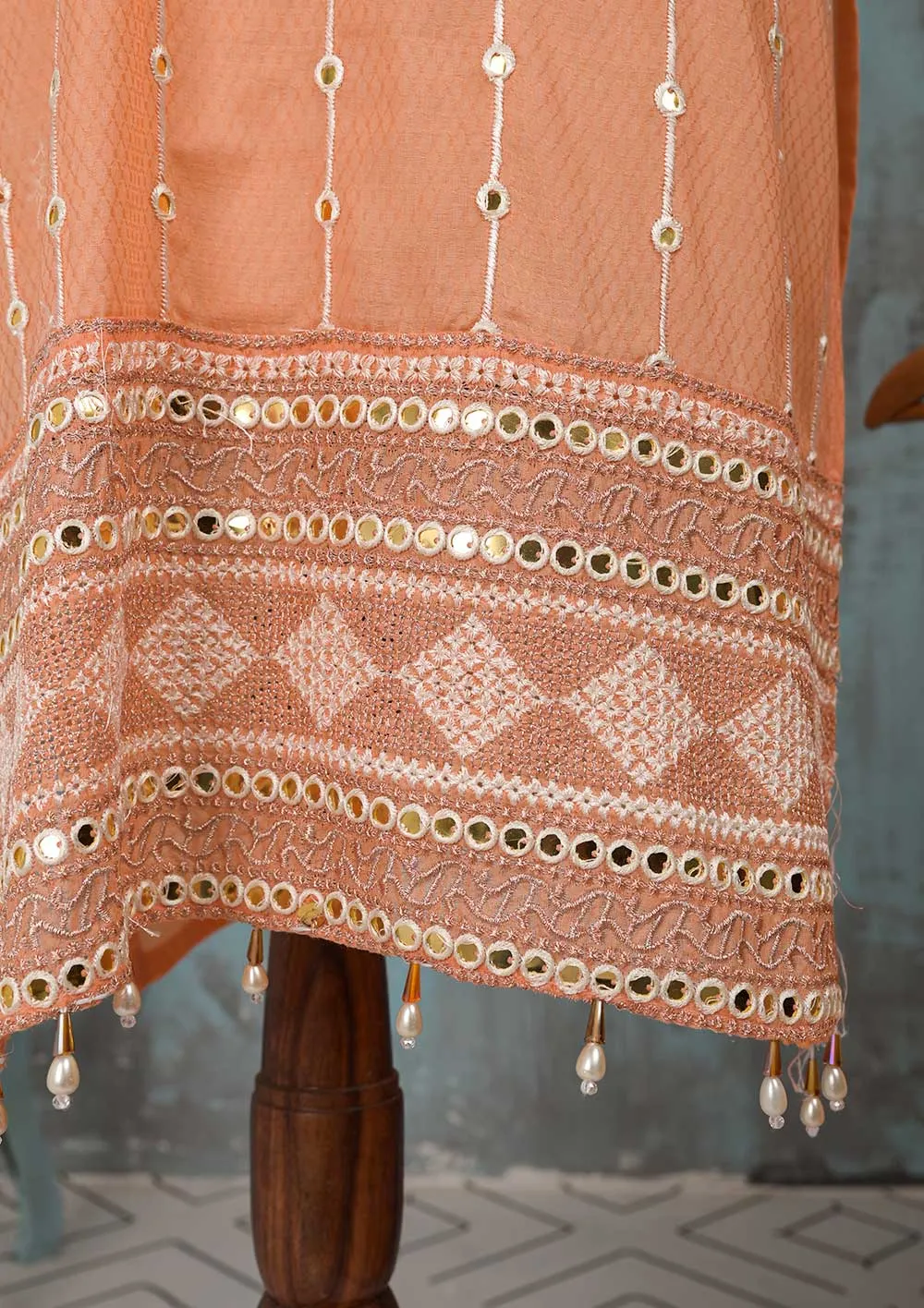 SEC-2F-Peach - 3Pc Stitched Cotton Embroidered Dress