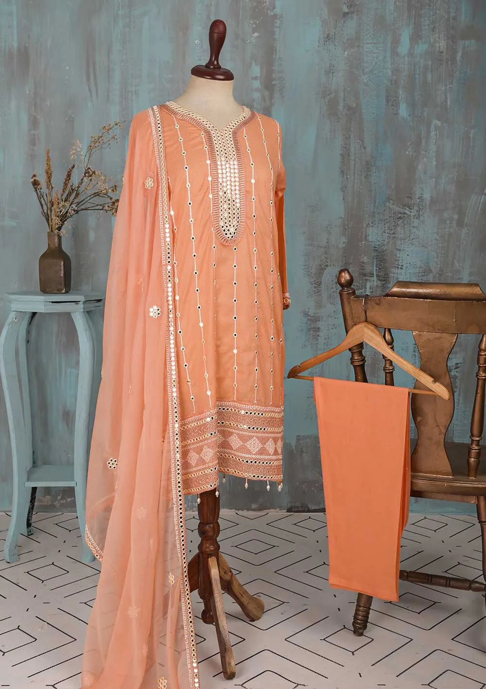 SEC-2F-Peach - 3Pc Stitched Cotton Embroidered Dress