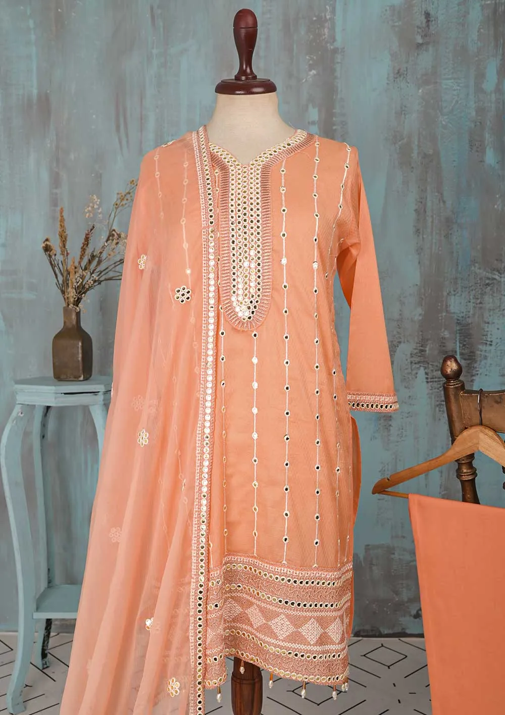SEC-2F-Peach - 3Pc Stitched Cotton Embroidered Dress