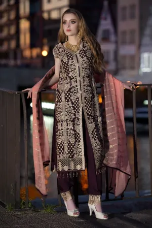 Sequins embroidered chiffon outfit in dark maroon color # P2314