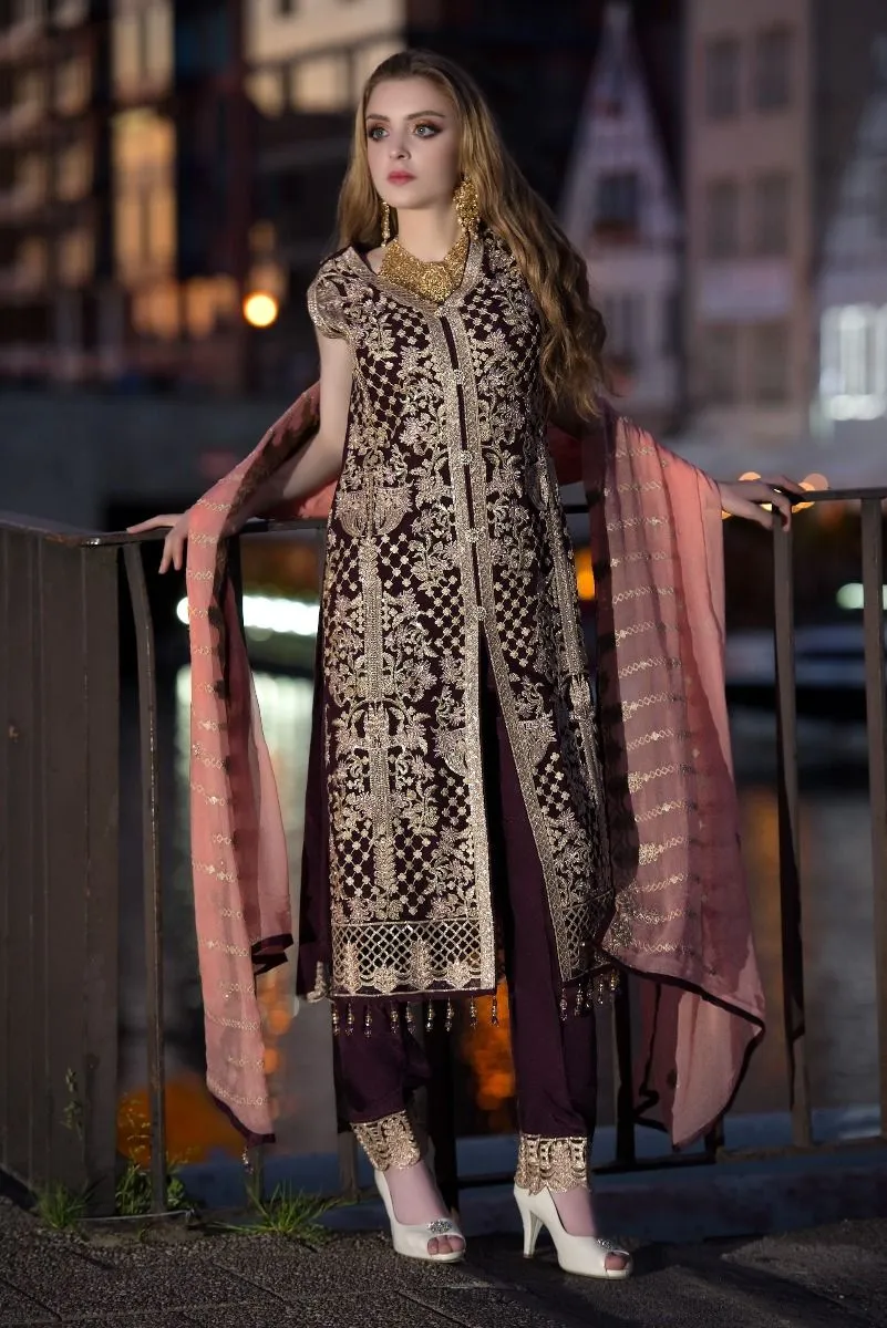 Sequins embroidered chiffon outfit in dark maroon color # P2314