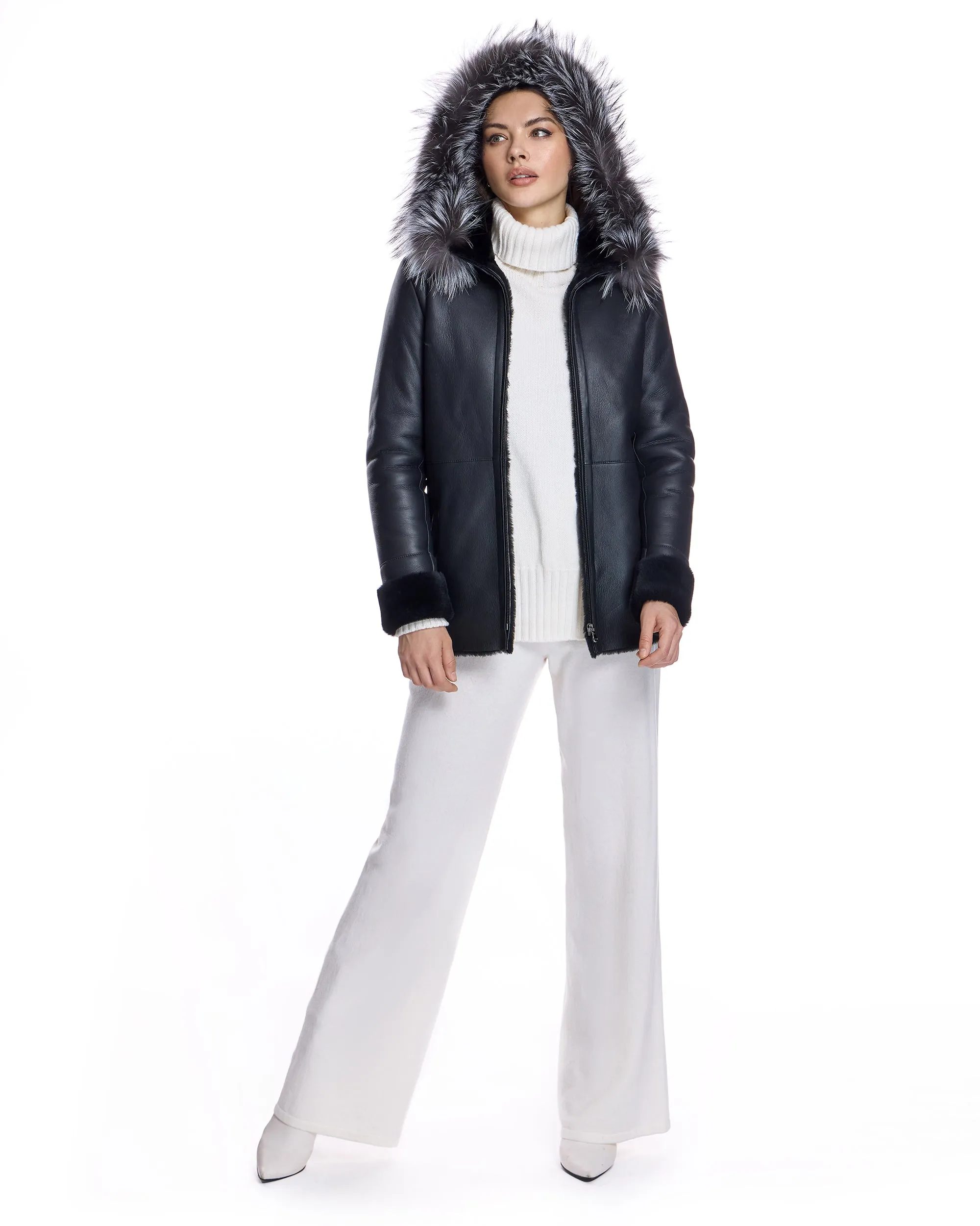 Shearling Lamb Jacket With Fox Trimmed Hood