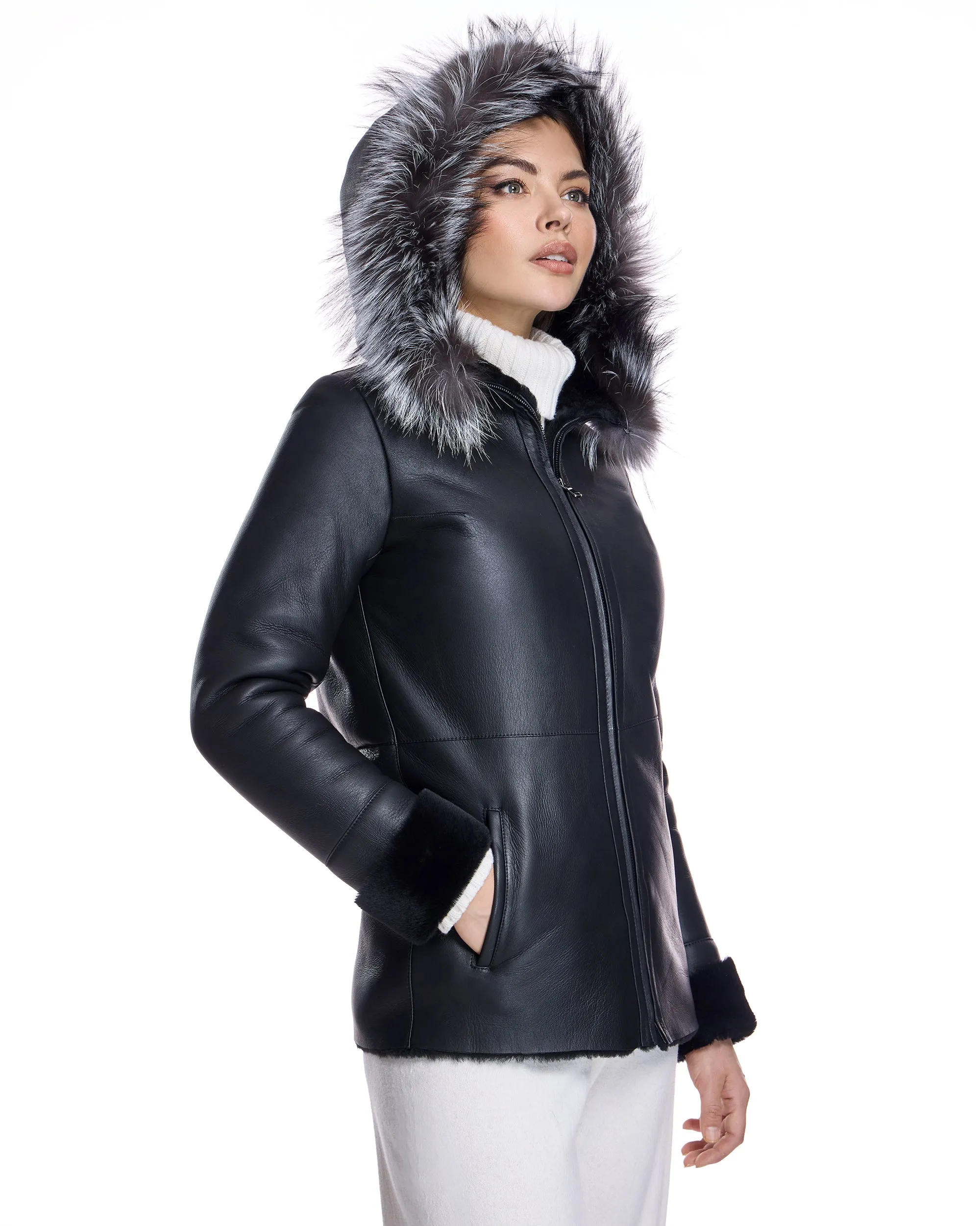 Shearling Lamb Jacket With Fox Trimmed Hood