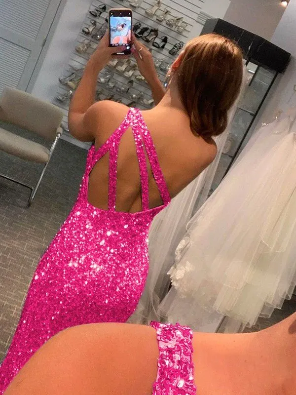 Sheath/Column Velvet Sequins One-Shoulder Sleeveless Sweep/Brush Train Dresses