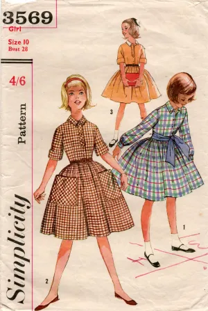 Simplicity 3569 Girls Full Skirt Rockabilly Party Dress 1960s Vintage Sewing Pattern Size 10