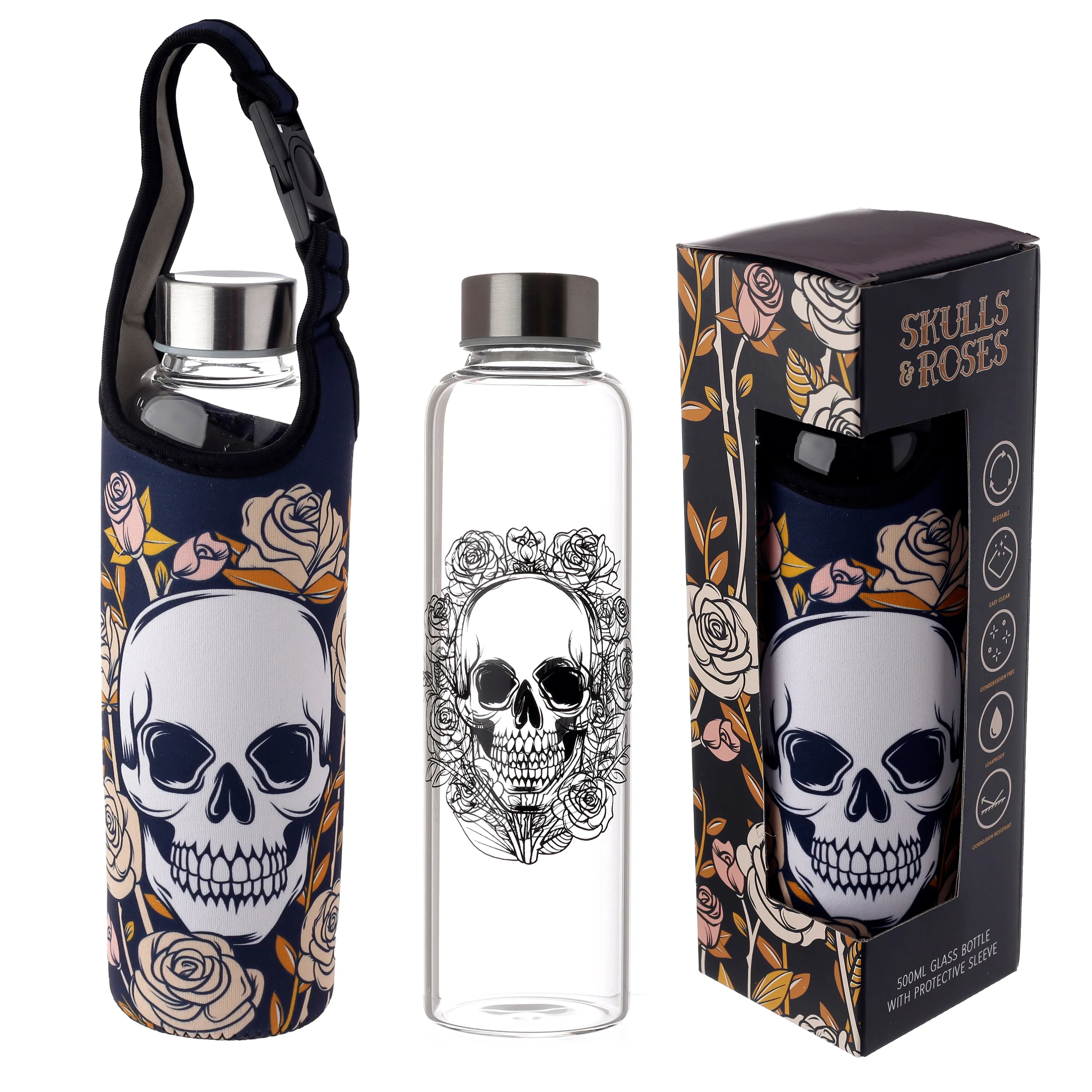 Skulls & Roses Reusable Glass Water Bottle with Protective Neoprene Sleeve with Strap