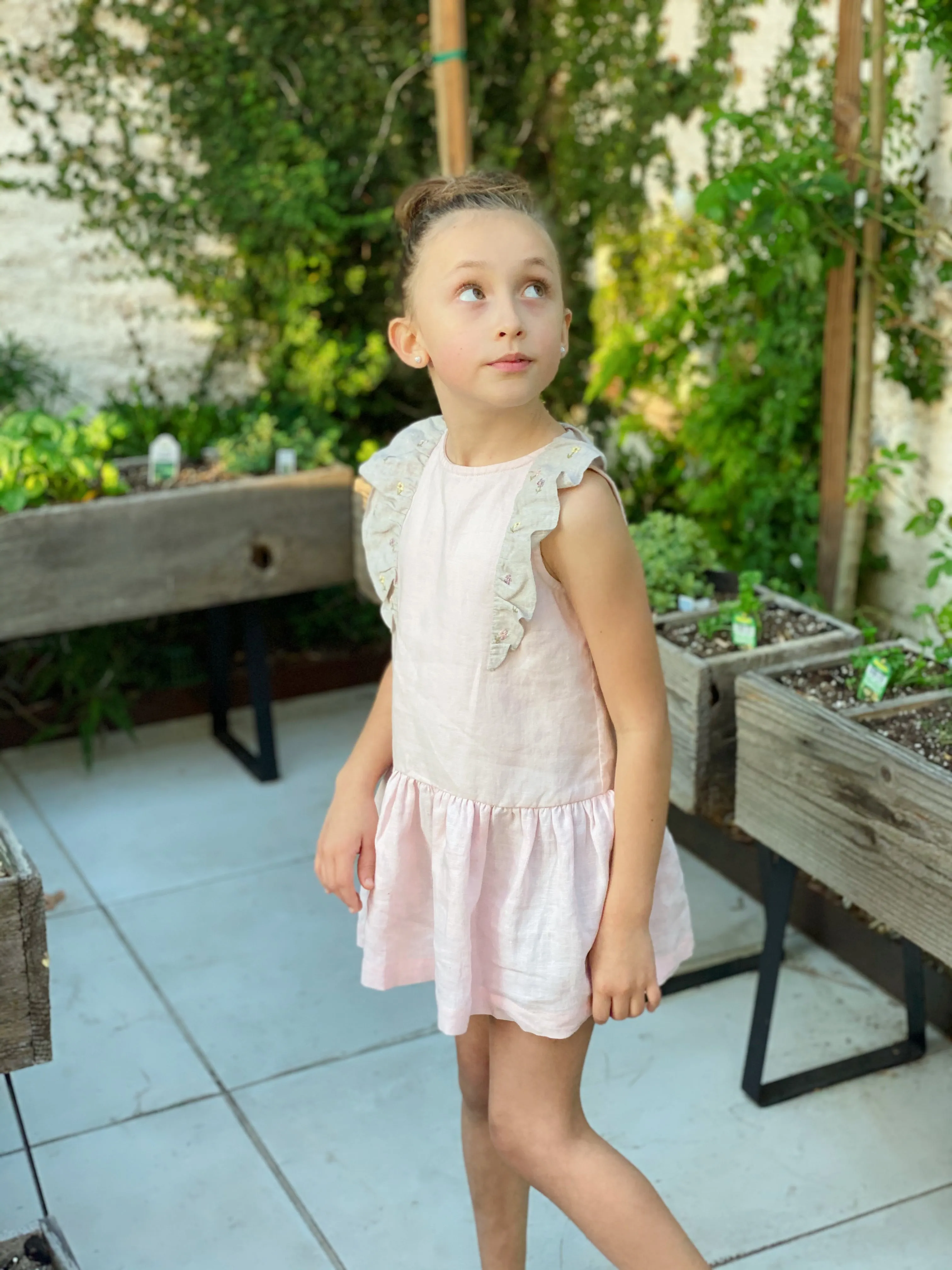 Sleeveless Linen Dress with Embroidered Ruffles, Pink and Grey