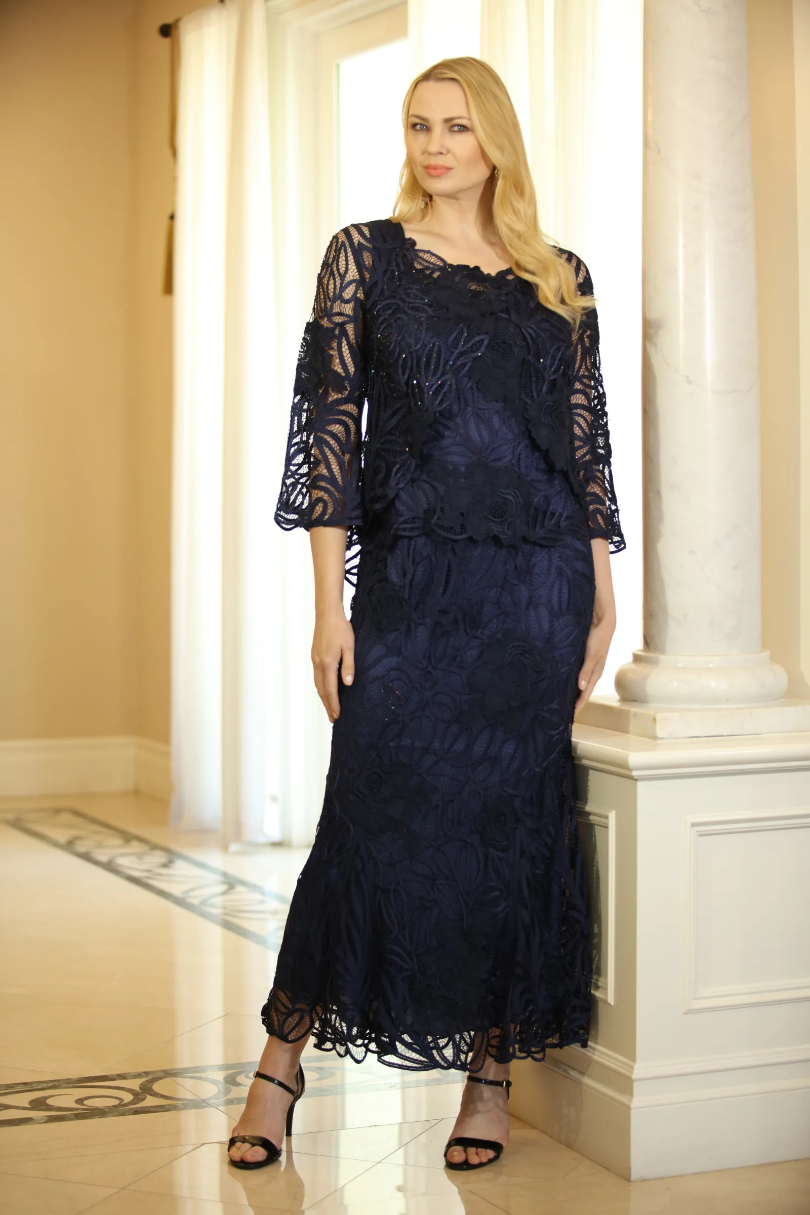 Soulmates D1104 Rose Embroidered Lace Evening Mother Of Bride Jacket Top and Skirt Set