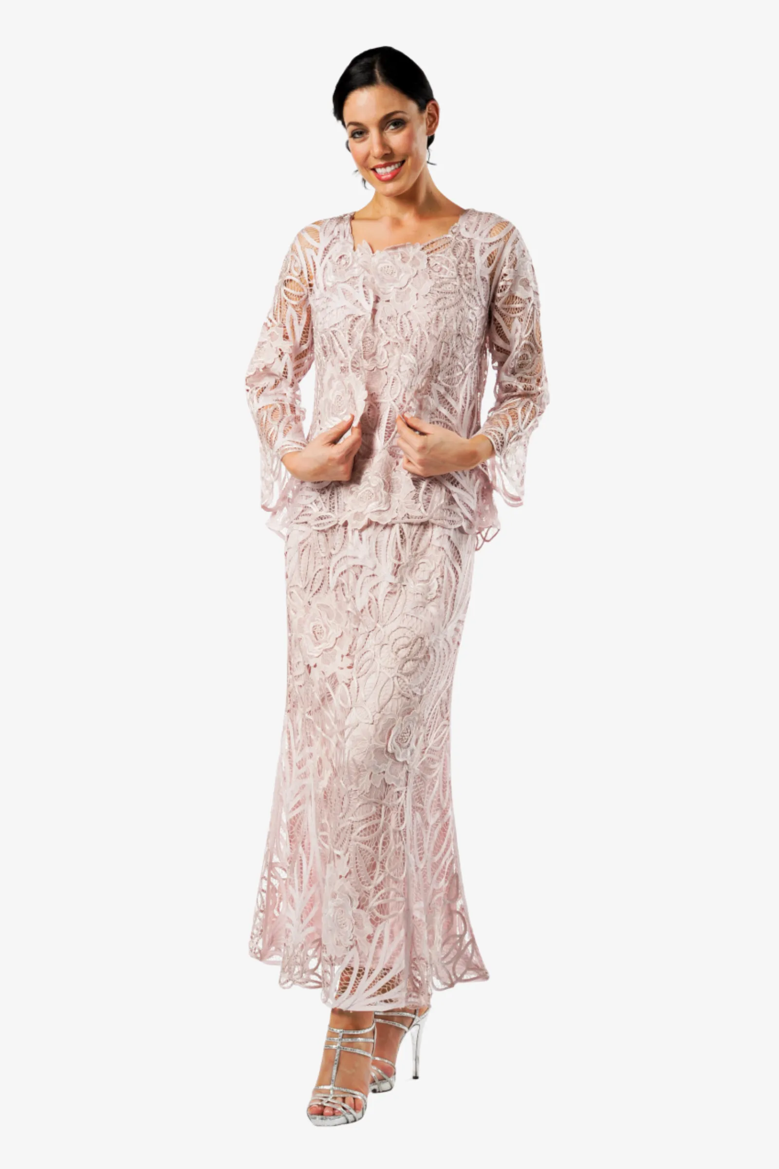 Soulmates D1104 Rose Embroidered Lace Evening Mother Of Bride Jacket Top and Skirt Set
