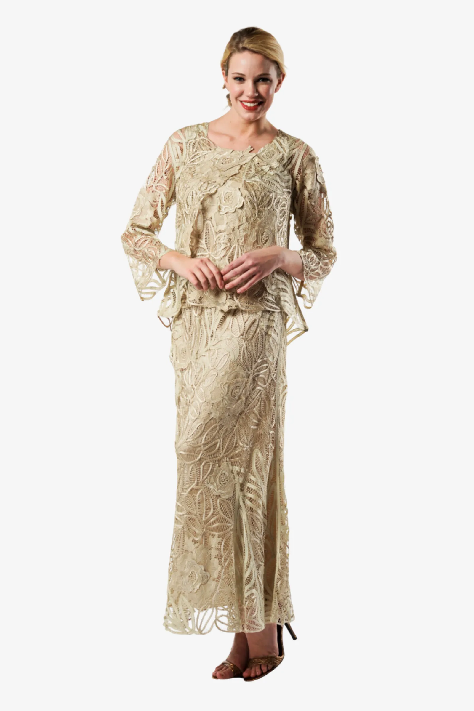 Soulmates D1104 Rose Embroidered Lace Evening Mother Of Bride Jacket Top and Skirt Set