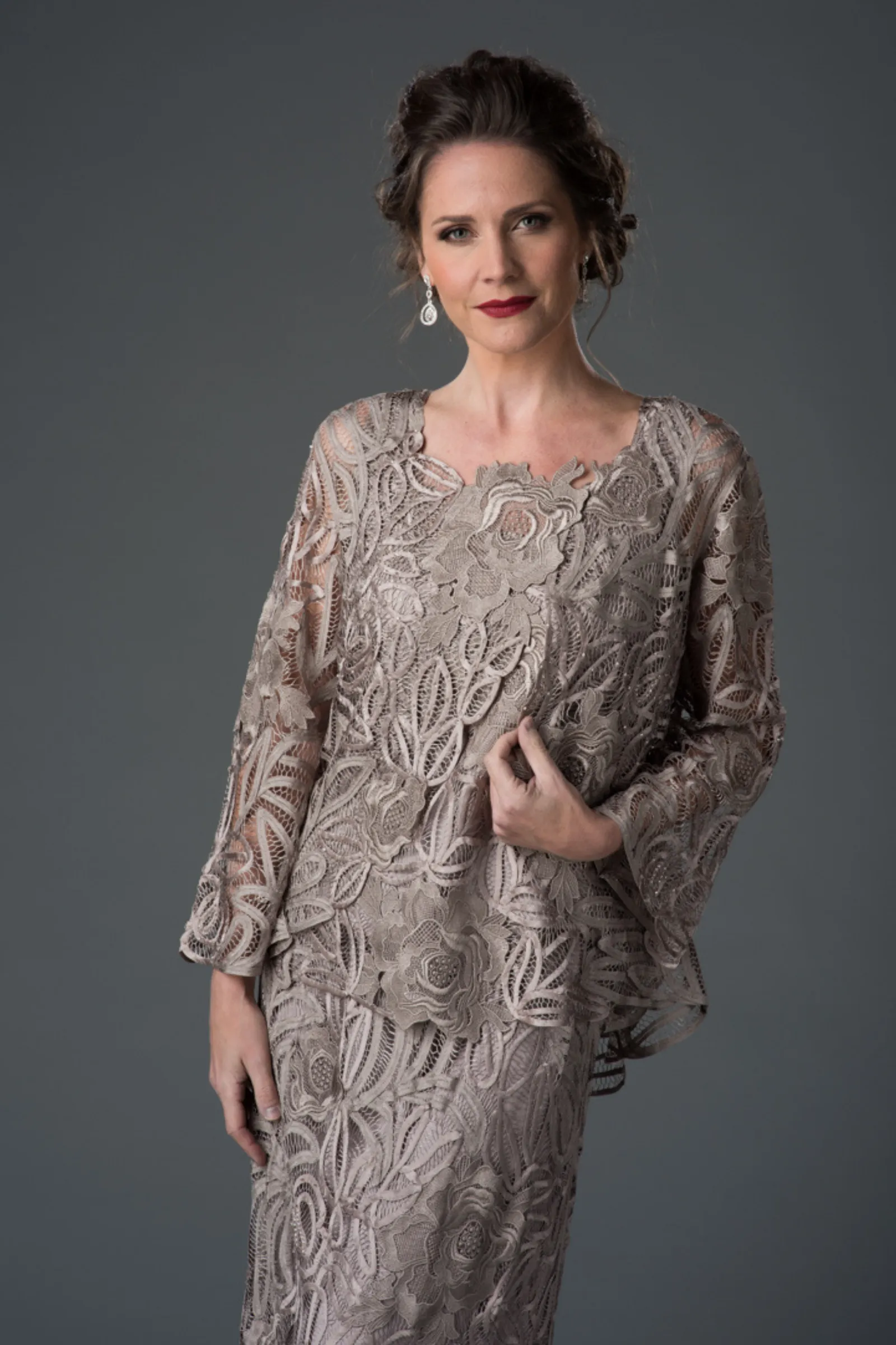 Soulmates D1104 Rose Embroidered Lace Evening Mother Of Bride Jacket Top and Skirt Set