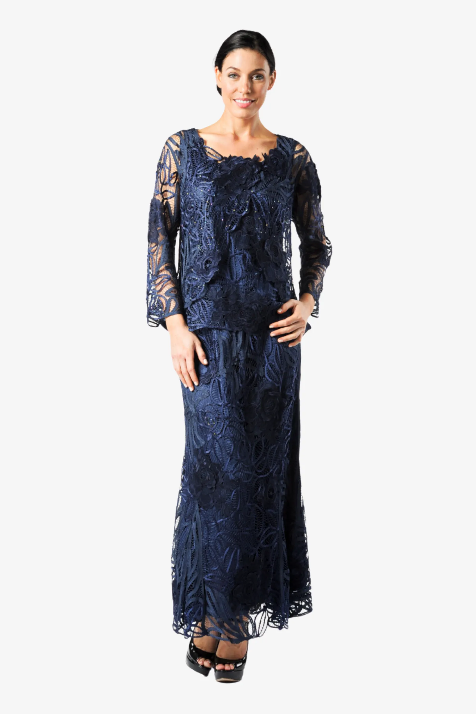Soulmates D1104 Rose Embroidered Lace Evening Mother Of Bride Jacket Top and Skirt Set
