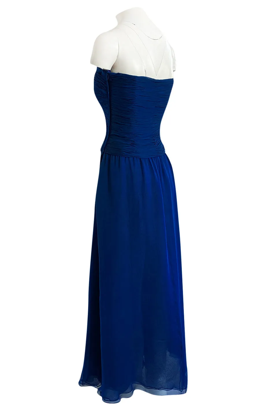Spring 1990 Oscar De La Renta Deep Sapphire Blue Silk Chiffon Strapless Dress