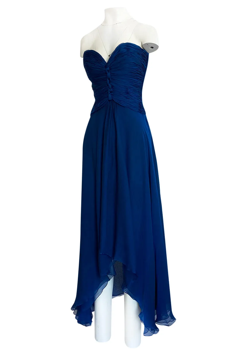 Spring 1990 Oscar De La Renta Deep Sapphire Blue Silk Chiffon Strapless Dress
