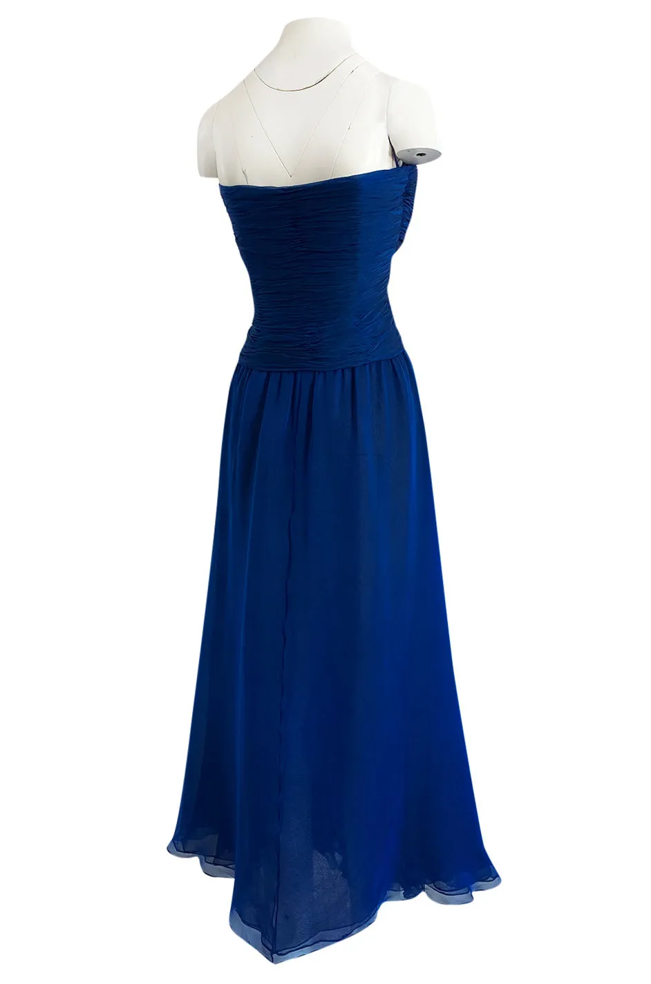 Spring 1990 Oscar De La Renta Deep Sapphire Blue Silk Chiffon Strapless Dress