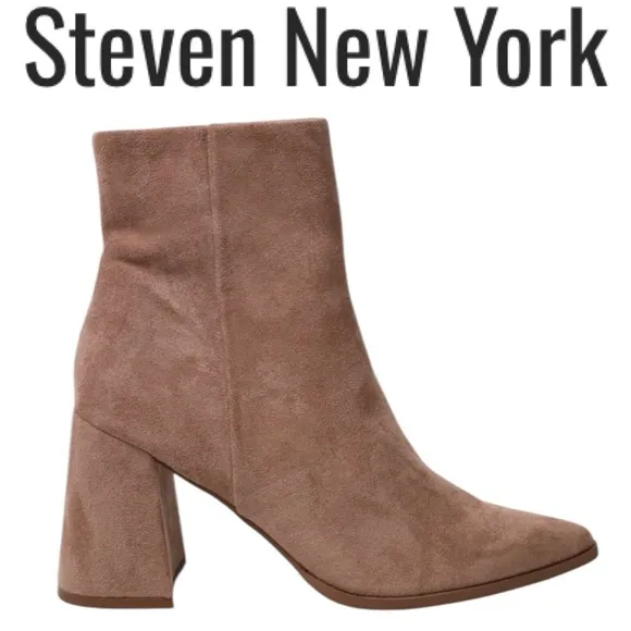 STEVEN NEW YORK TOMAS FLARE HEEL POINTED TOE FAUX SUEDE TAUPE ANKLE BOOT **NWT**