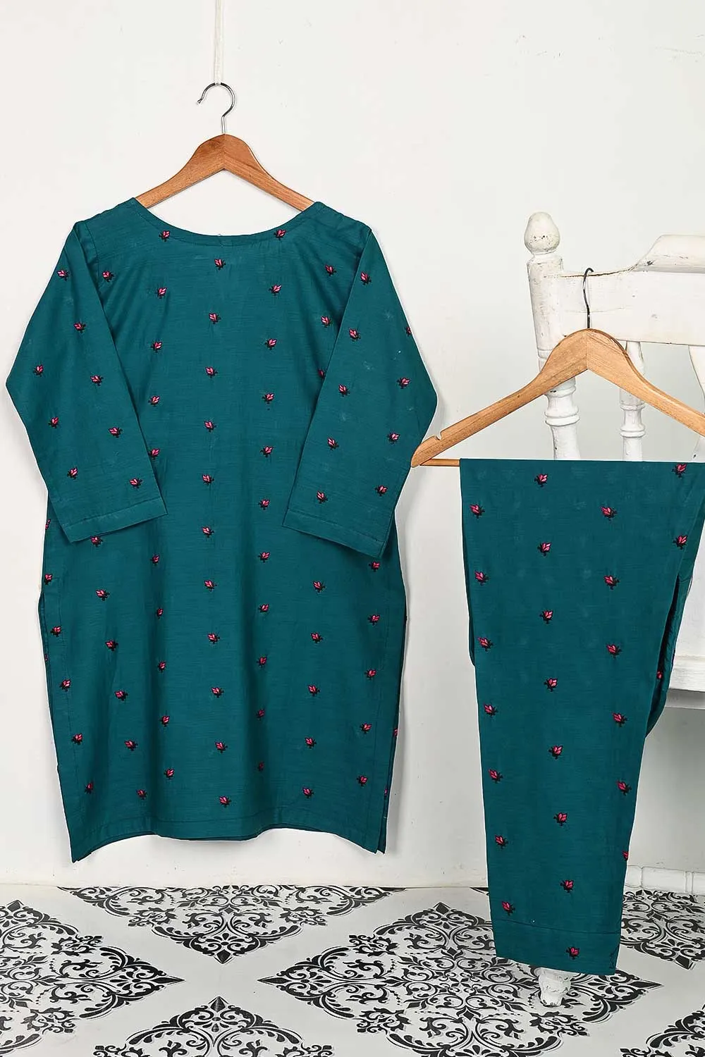 STP-143C-Turquoise - 2PC COTTON EMBROIDERED STITCHED