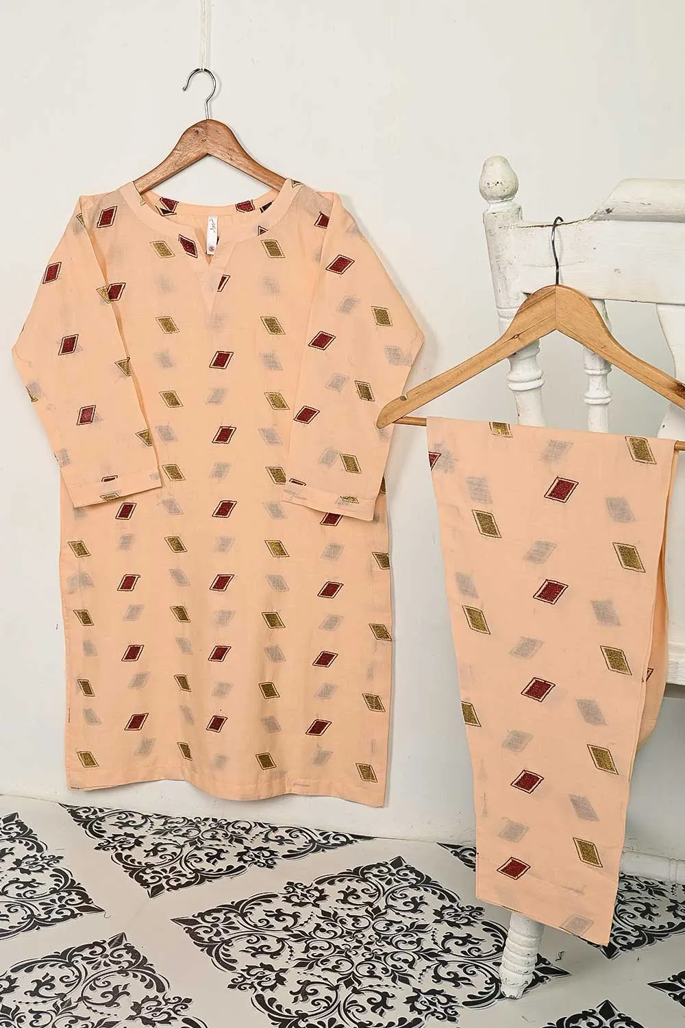 STP-144C-Peach - 2PC COTTON EMBROIDERED STITCHED