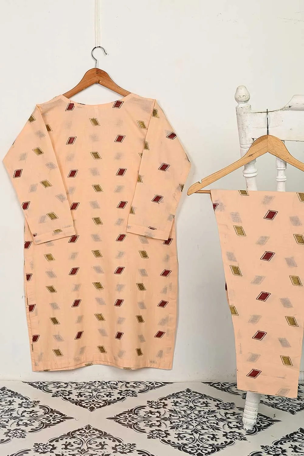 STP-144C-Peach - 2PC COTTON EMBROIDERED STITCHED