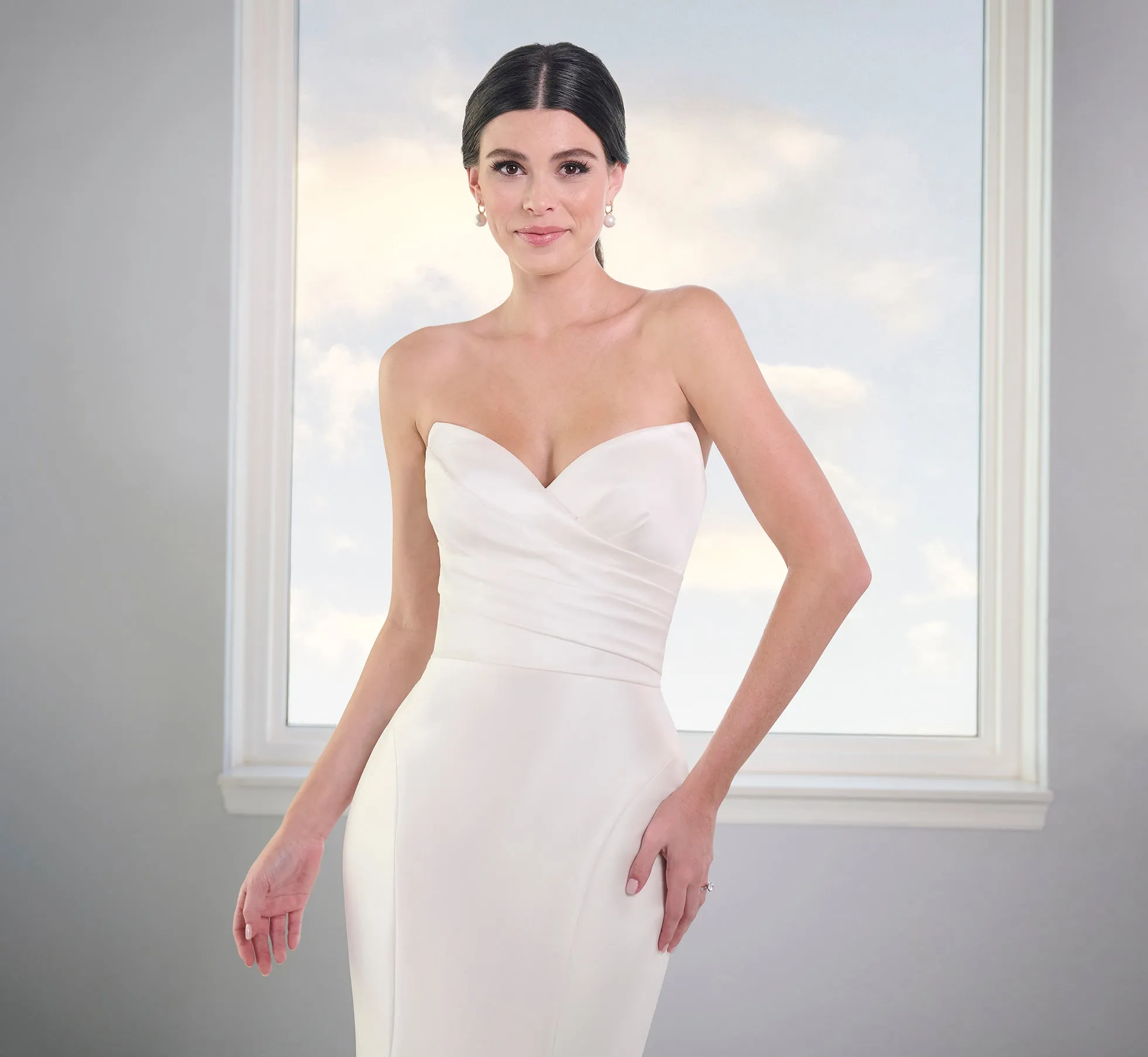 Stretch Mikado Gown With Studded Pearl Jacket In Ivory