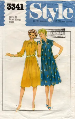 Style 3341 Womens Gathered Shoulder Tent Dress 1980s Vintage Sewing Pattern Size 12 Bust 34 inches