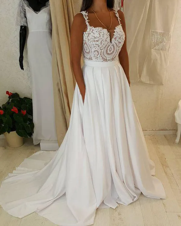 Sweetheart Neck Lace Top Spaghetti Strap Wedding Dress with Pocket on Skirt, SW141