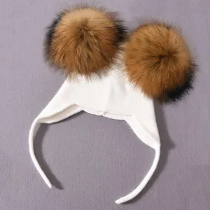 Unisex Wool Knitted Hat with Fluffy Real Raccoon Fur Pompoms