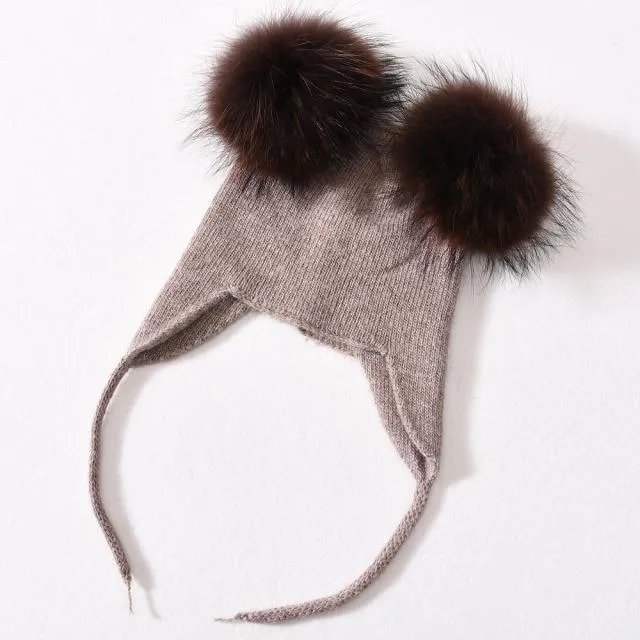 Unisex Wool Knitted Hat with Fluffy Real Raccoon Fur Pompoms