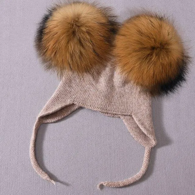 Unisex Wool Knitted Hat with Fluffy Real Raccoon Fur Pompoms