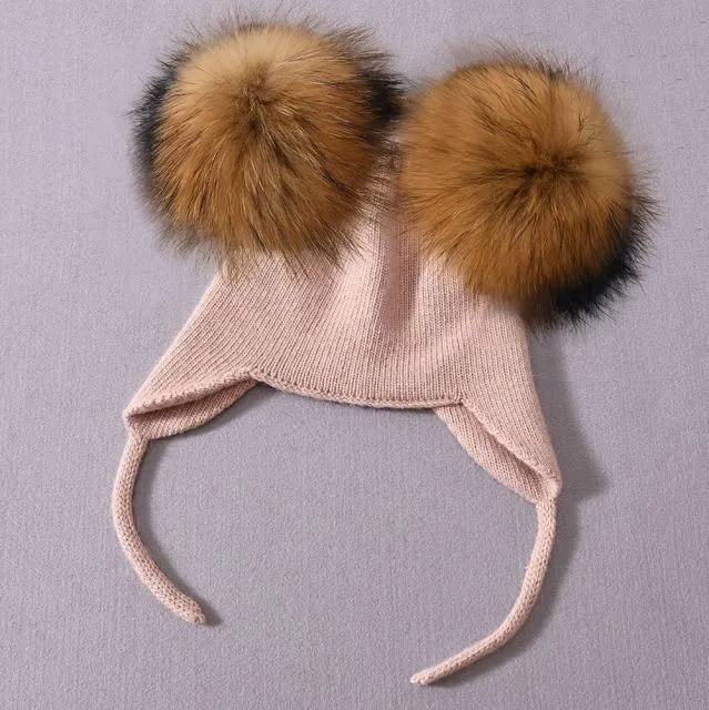 Unisex Wool Knitted Hat with Fluffy Real Raccoon Fur Pompoms
