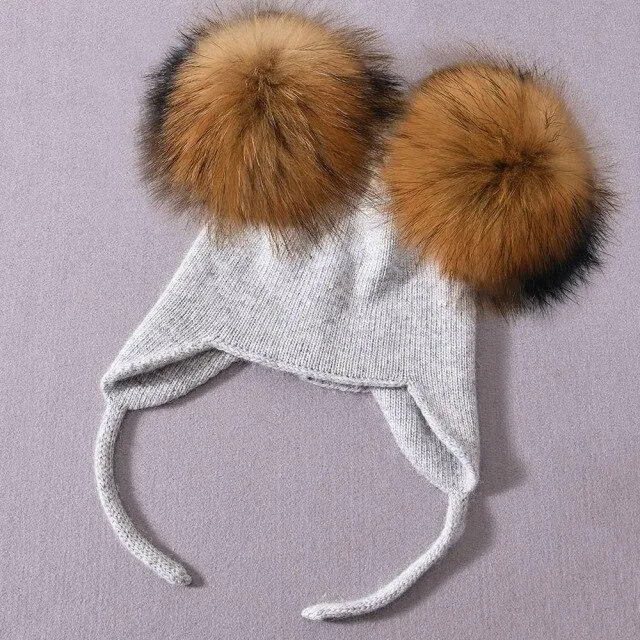 Unisex Wool Knitted Hat with Fluffy Real Raccoon Fur Pompoms
