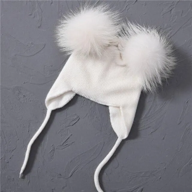 Unisex Wool Knitted Hat with Fluffy Real Raccoon Fur Pompoms