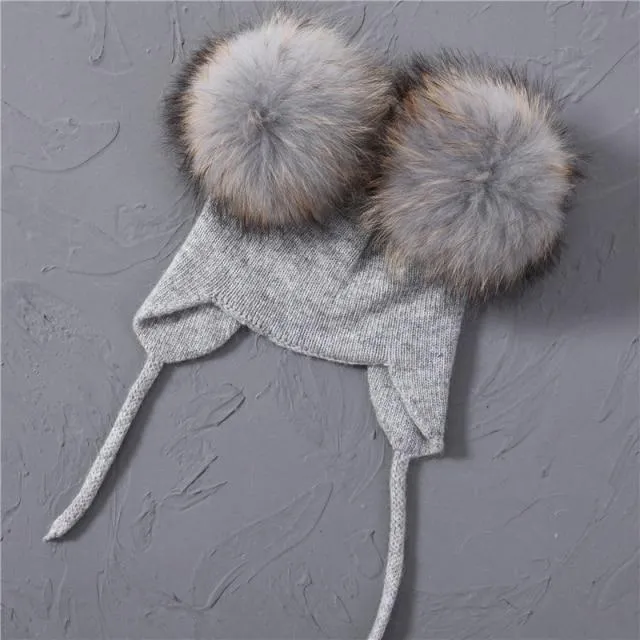 Unisex Wool Knitted Hat with Fluffy Real Raccoon Fur Pompoms