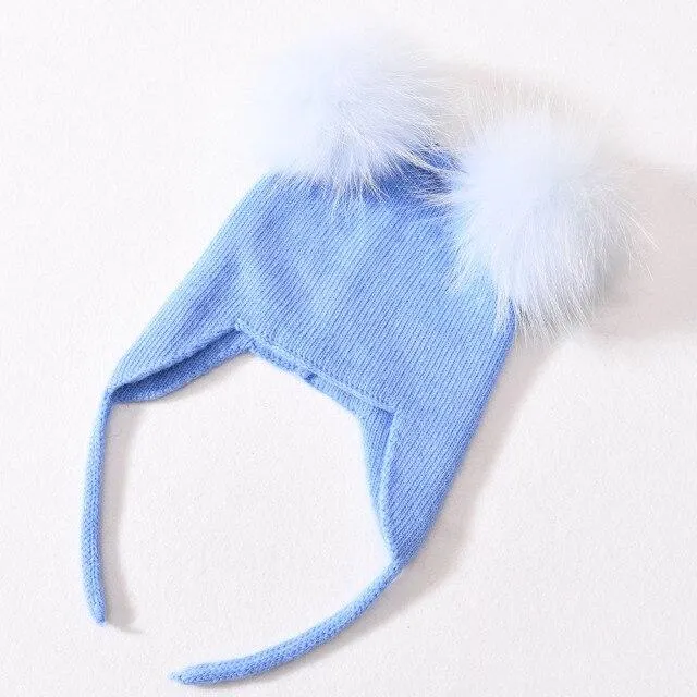 Unisex Wool Knitted Hat with Fluffy Real Raccoon Fur Pompoms