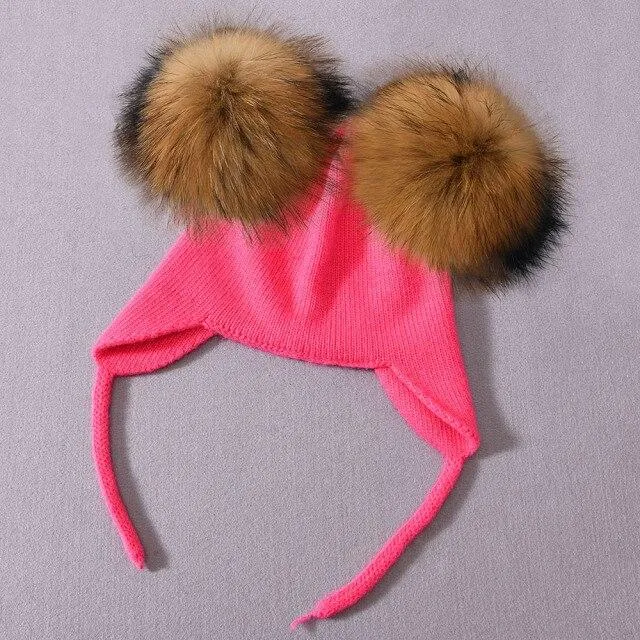 Unisex Wool Knitted Hat with Fluffy Real Raccoon Fur Pompoms