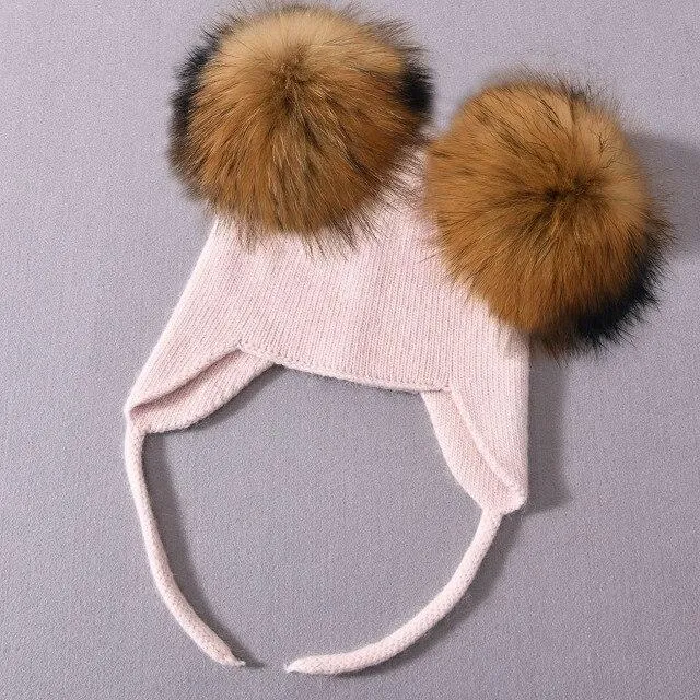 Unisex Wool Knitted Hat with Fluffy Real Raccoon Fur Pompoms